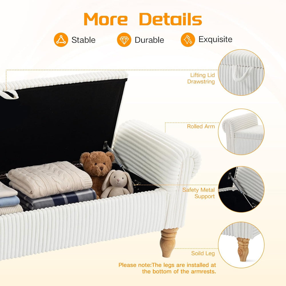 55" Storage Ottoman Bench, Corduroy End of Bed Bench for Bedroom, White ...