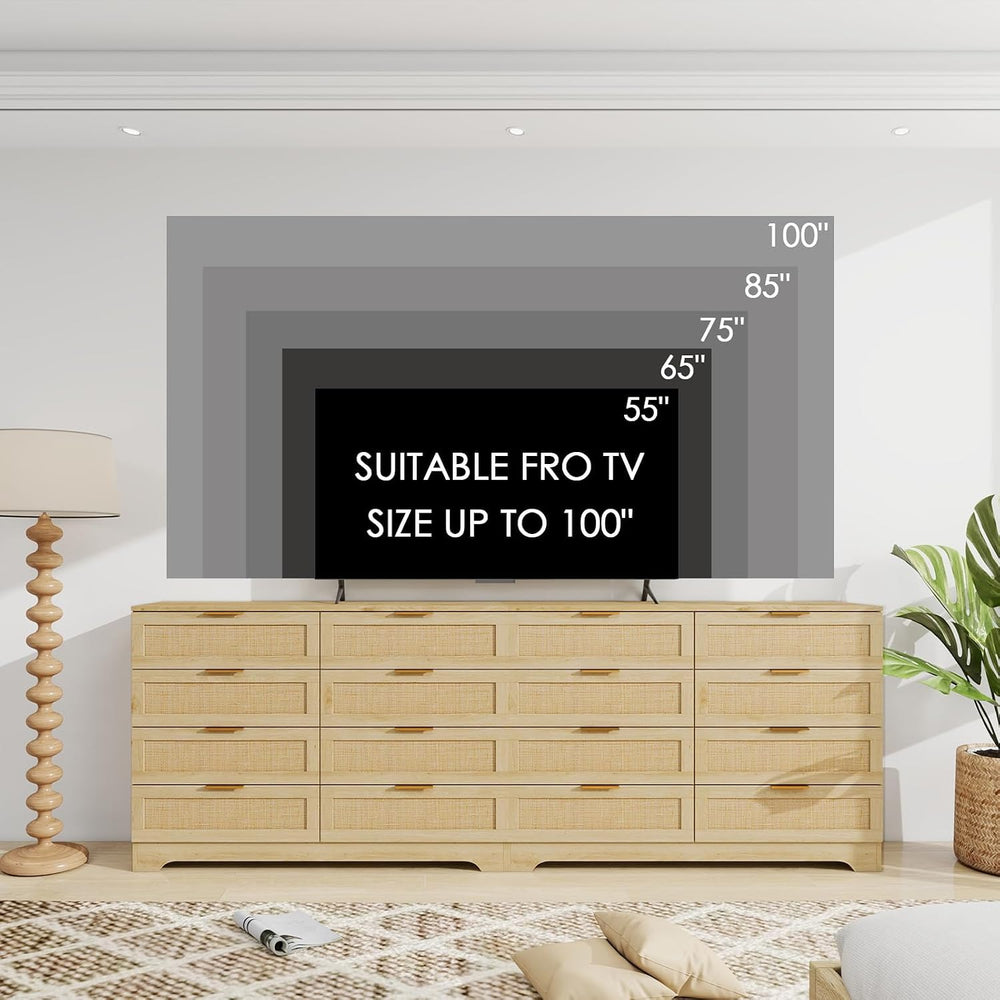 HOPUBUY Living Room Table Sets, Boho Large Drawer | Natural,Rattan TV Stand C...