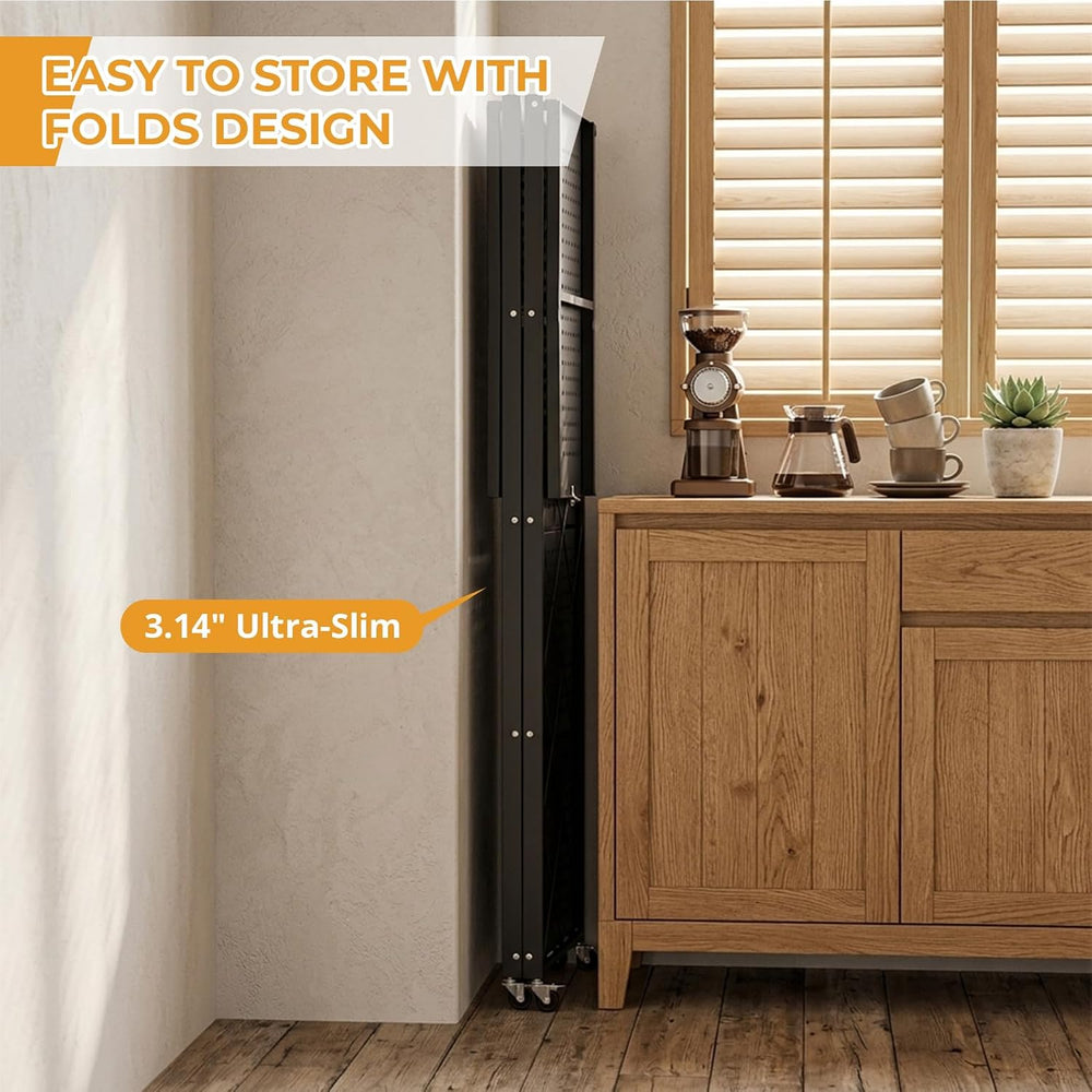 5 Tier Foldable Storage Shelf with Wheels, Heavy Duty Metal Rolling Shelf Rac...