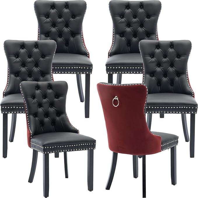 Modern Dining Chairs Set of 6, Tufted Upholstered Dining Chair with Solid Woo...