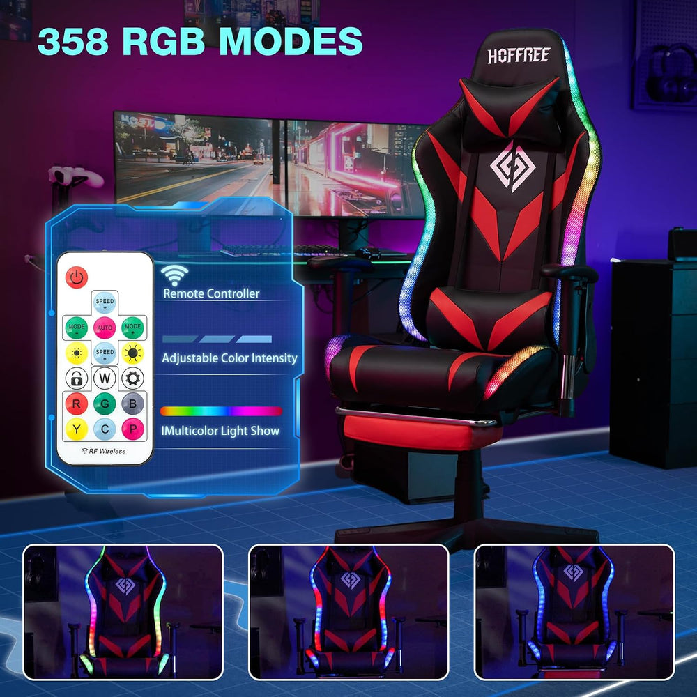 Led Gaming Chair with Speakers Massage 165° Reclining Computer Chairs-Red | R...