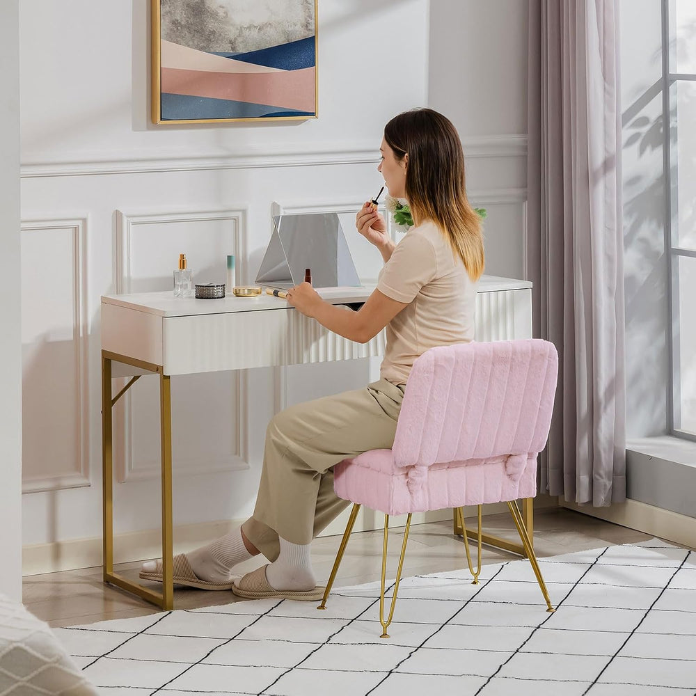 Vanity Chair with Storage | Comfy Ottoman with Folding Back | Faux Fur Vanity...