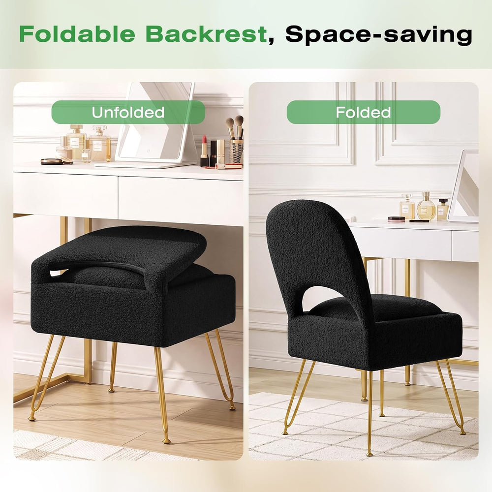Vanity Stool with Storage & Folding Backrest, Cute Black Faux Fur Makeup ...