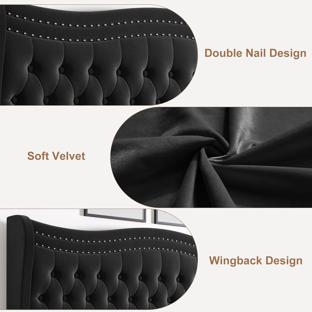 Queen Bed Frame with Tall Headboard & Footboard, Velvet Upholstered Platf...