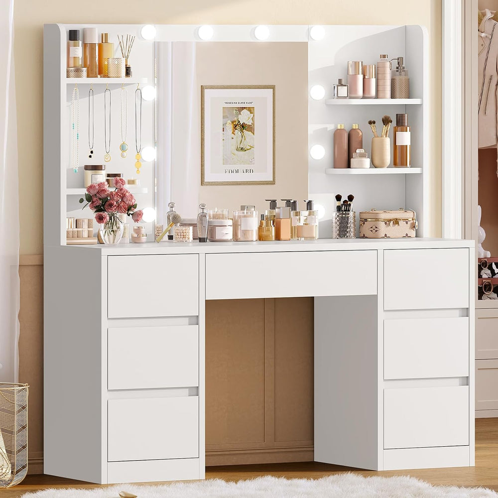 FIONESO Vanity Desk with Mirror and Lights, White | Makeup Vanity with 3 Colo...
