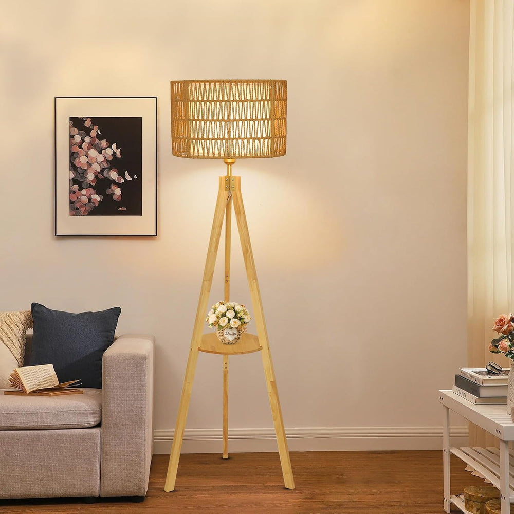 LAMSU Oak Wood Tripod Floor Lamps for Living Room, Boho Floor Lamp with Shelv...