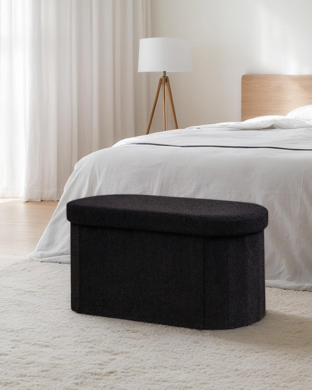 30" Oval Foldable Ottoman with Storage, Teddy Boucle Fabric Footrest, St...
