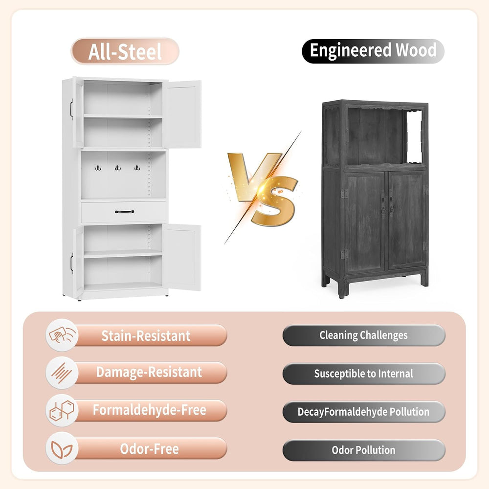 72" H White Steel Kitchen Pantry Storage Cabinet with Countertop | Metal...