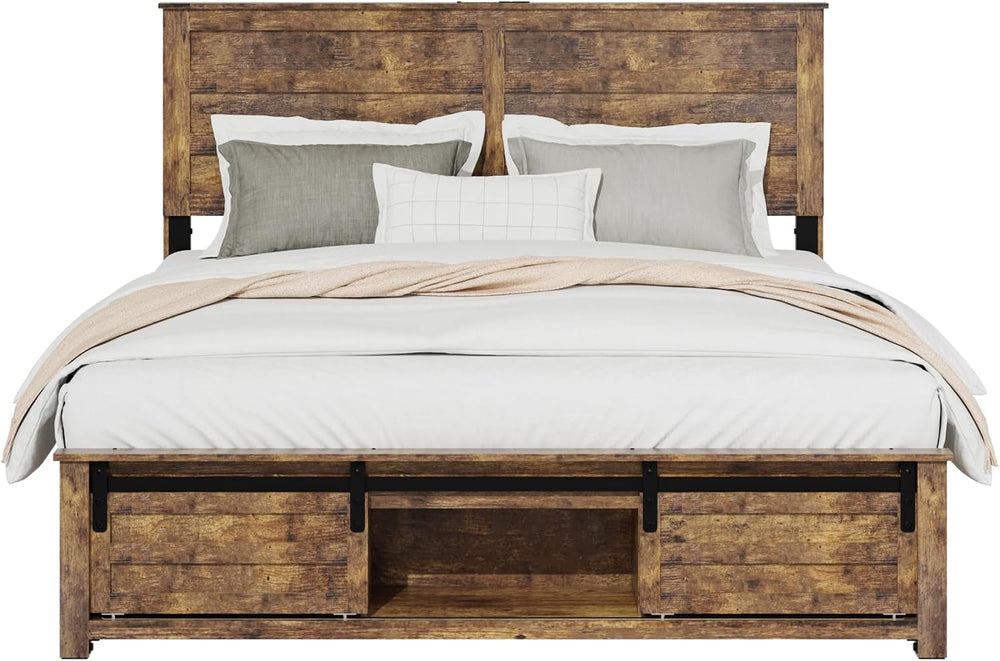 Wooden Queen Bed Frame with Headboard, Farmhouse Storage, Barn Door