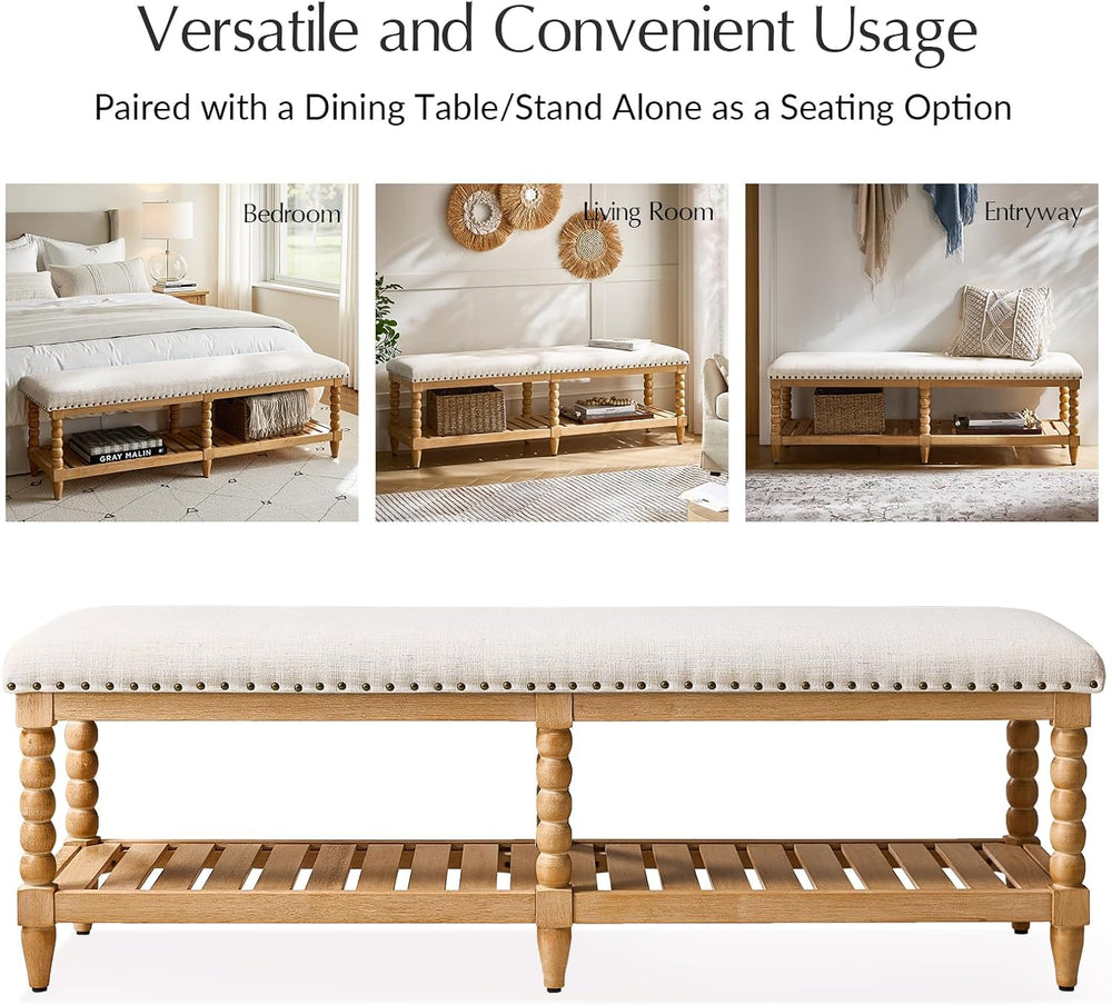 HULALA HOME Entryway Bench with Soild Wood Shelf, 58" Upholstered Shoe S...
