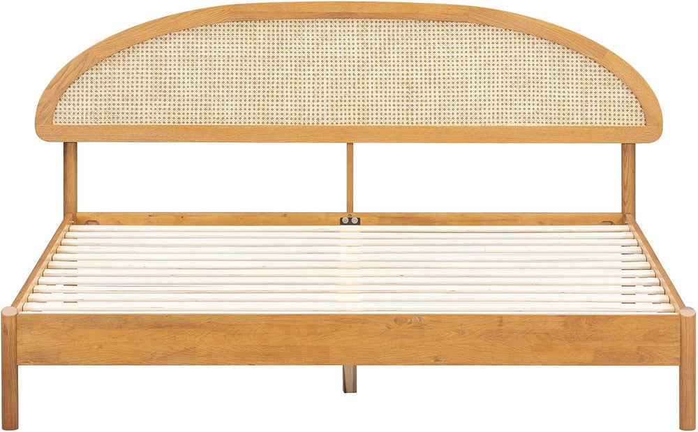 NTC Gem Wooden Bed Frame with Headboard and Natural Rattan, Solid Oak/Rubber ...
