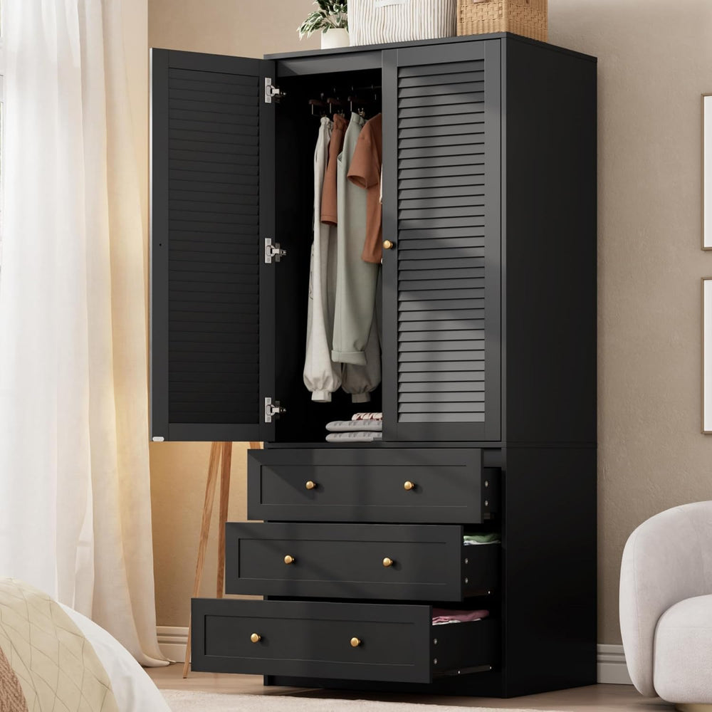 GarveeHome 70" Wardrobe Armoire Wooden Closet with 3 Drawers, Black