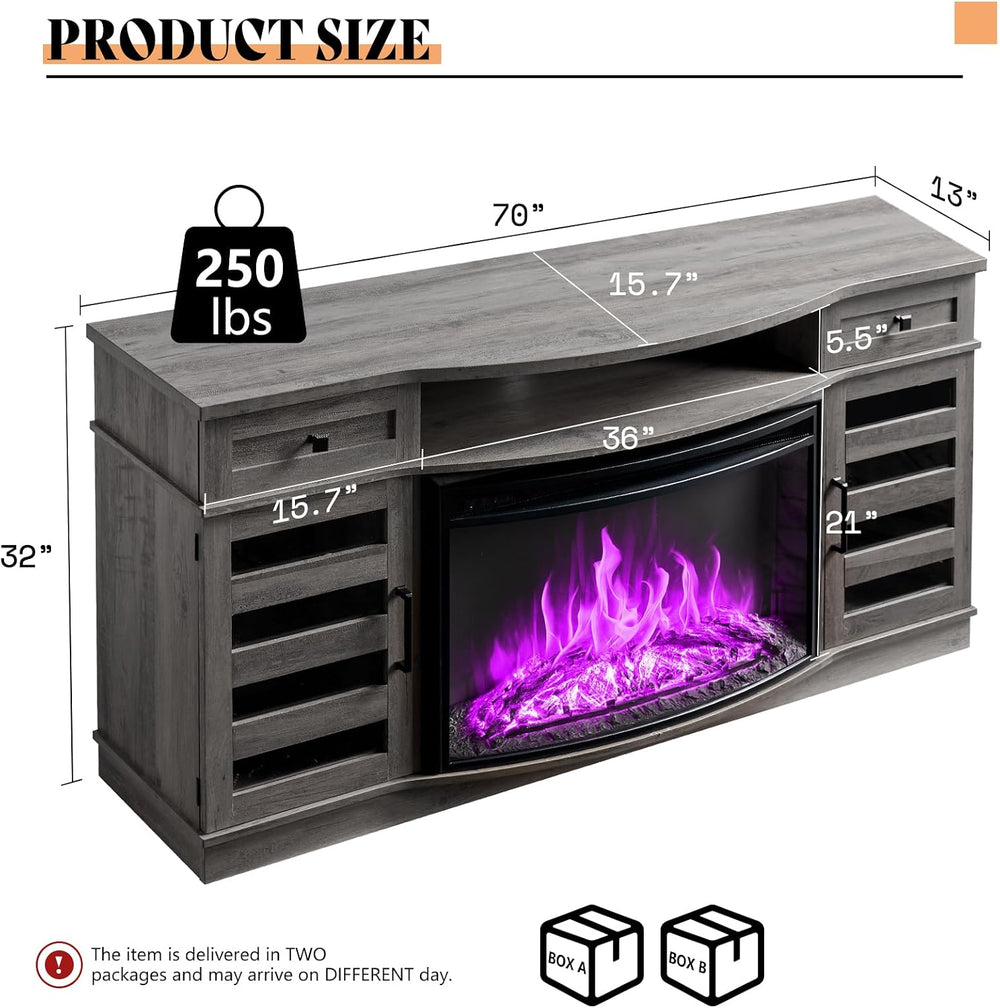 AMERLIFE 70" Fireplace TV Stand with 36'' Curved Electric Firepl...