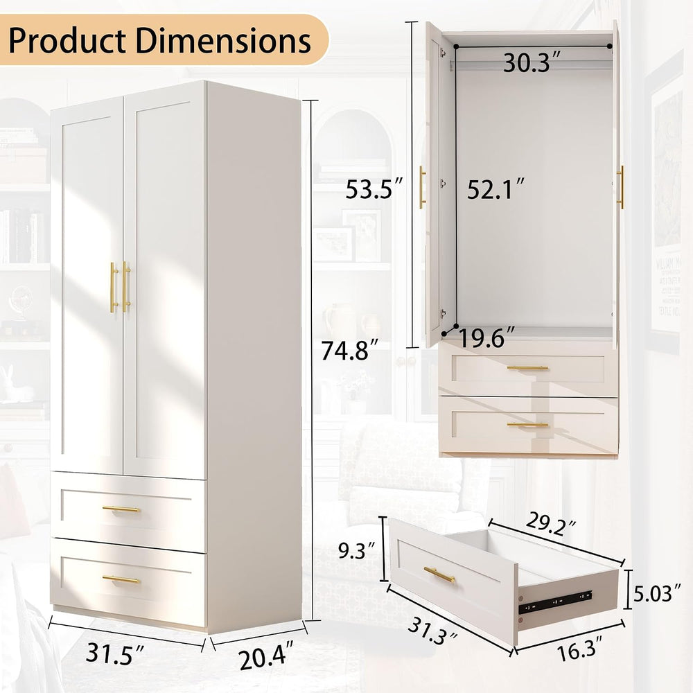White Wardrobe with 2 Doors: 75" Tall Armoire Wardrobe Closet with 2 Dra...