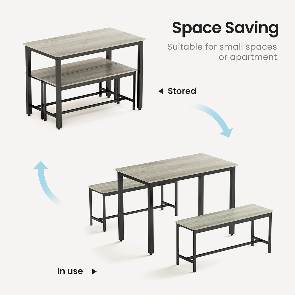 Dining Table Set for 4, Small Kitchen Table with 2 Benches, Industrial Counte...