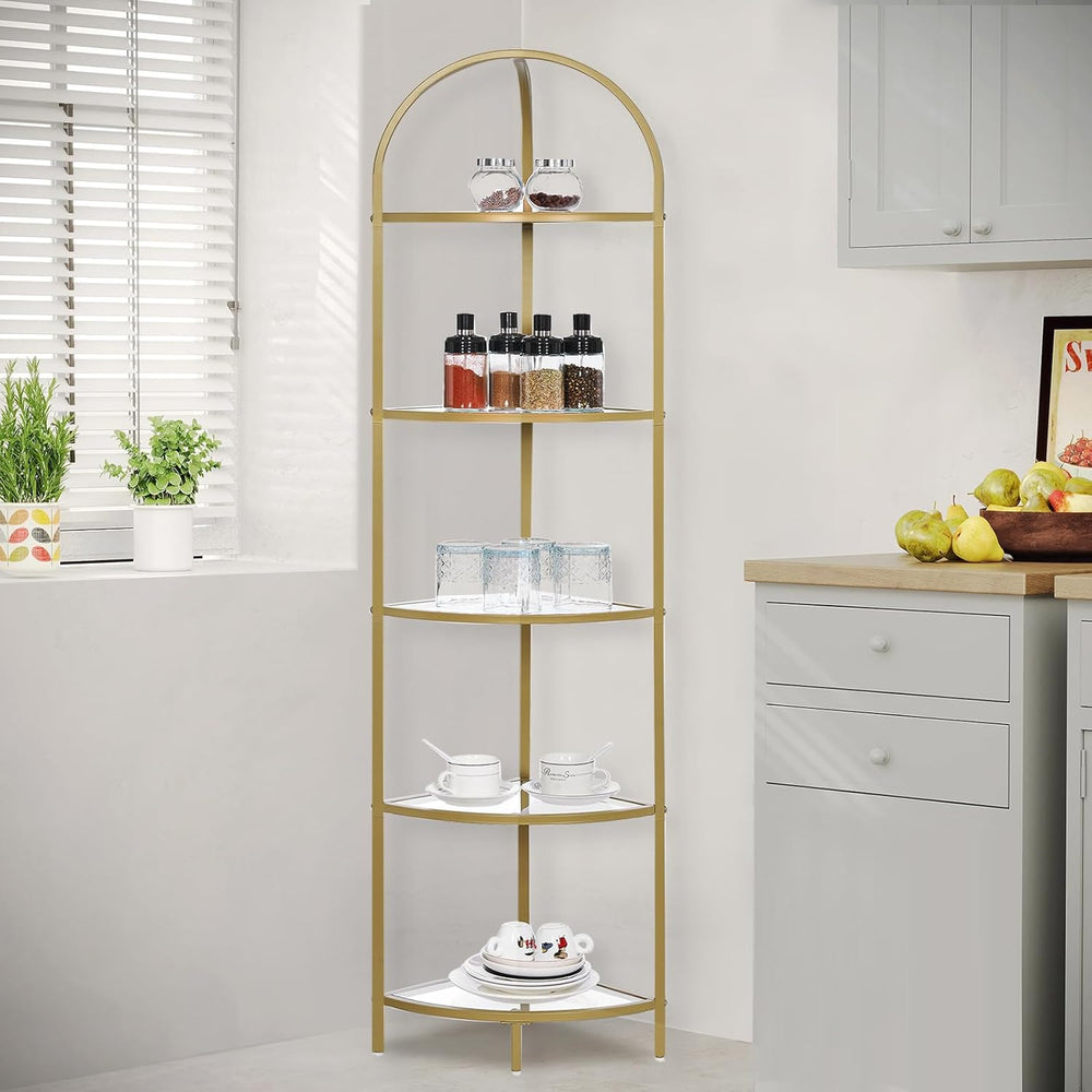 Homhedy 5-Tier Corner Shelf Stand, Metal Corner Bookshelf, Tempered Glass She...