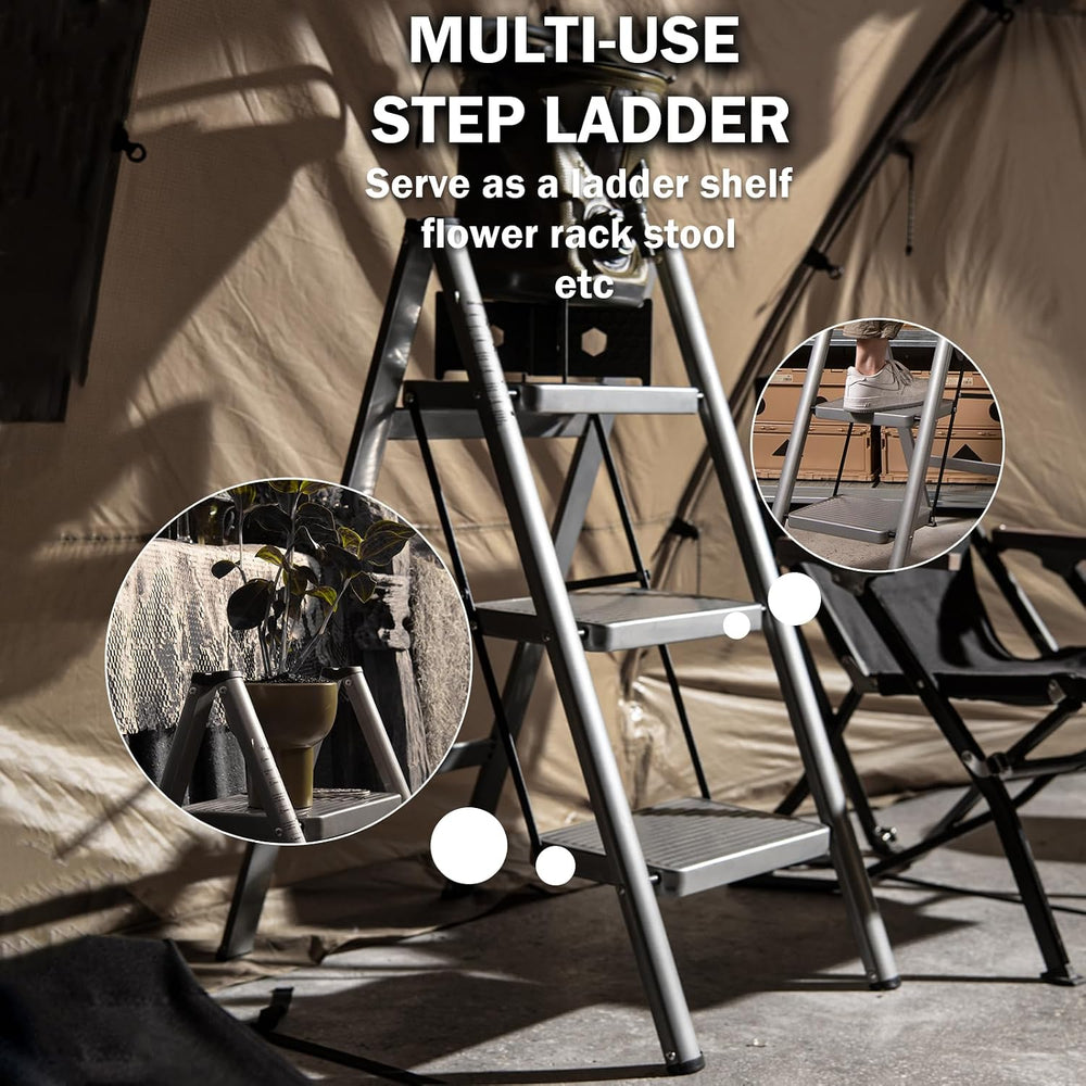 3 Step Ladder, Steel Folding Step Stool with 330lbs Heavy Duty
