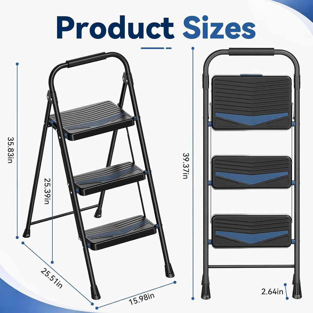 3 Step Ladder Lightweight Folding Step Stool for Adults, Black
