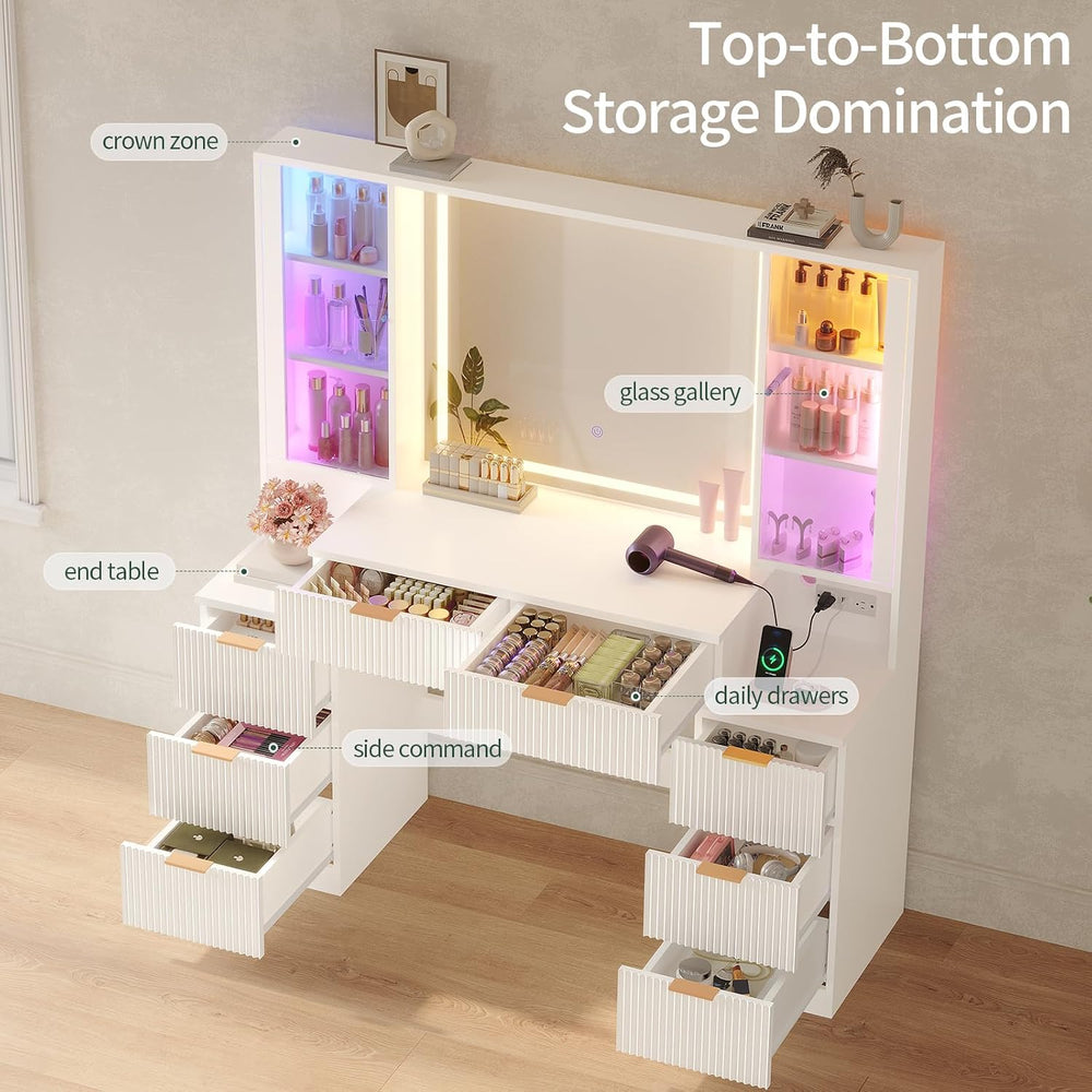 Big Vanity Desk, Fluted Makeup Vanity with Mirror Lights, Dressing Table | La...