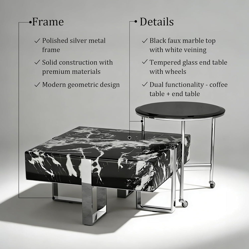 BQueen Modern 2-Piece Luxury Coffee Table Set, Square Black Faux Marble Coffe...