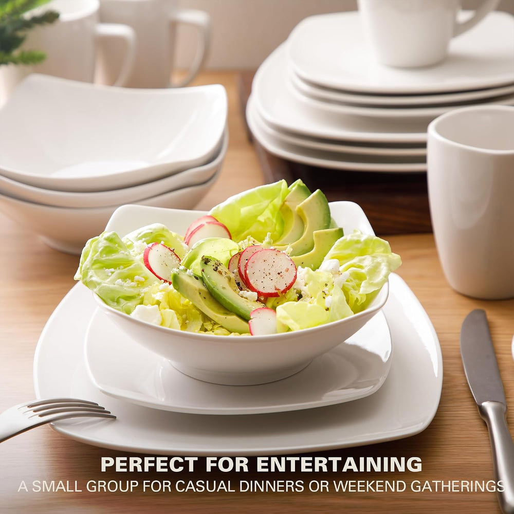 Gibson Home Zen Buffet White Porcelain Dinnerware Set for 4, Square Plates Bo...
