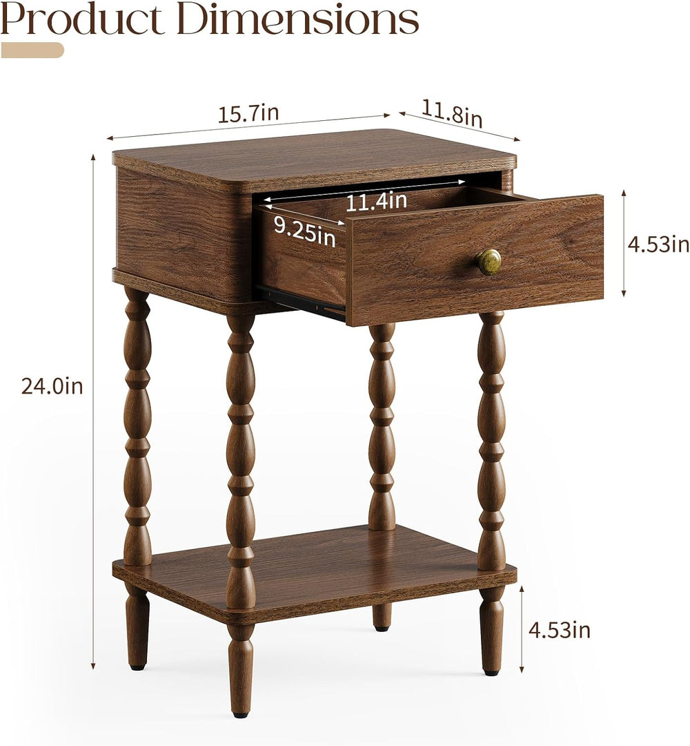 Yoobure Small Side Table with Drawer - Walnut Night Stand with Wood Legs