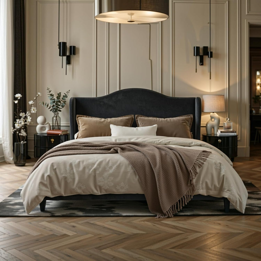 Allewie Queen Size Bed Frame, Plush Velvet Wingback, Modern Style, Black