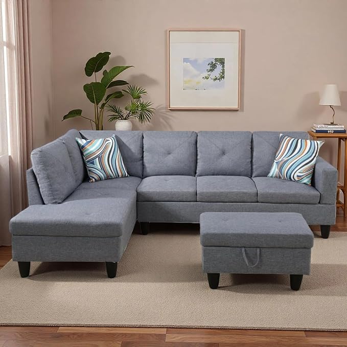 L-Shaped Sectional Sofa with Movable Chaise & Storage Ottoman, Lounge 3-P...