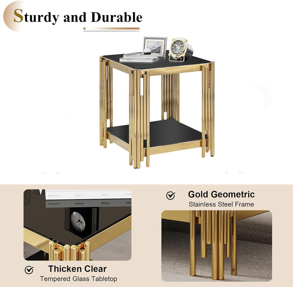 Luxury Gold Glass End Table,Sqaure Sofa Side Table with Shiny Geometric Stain...