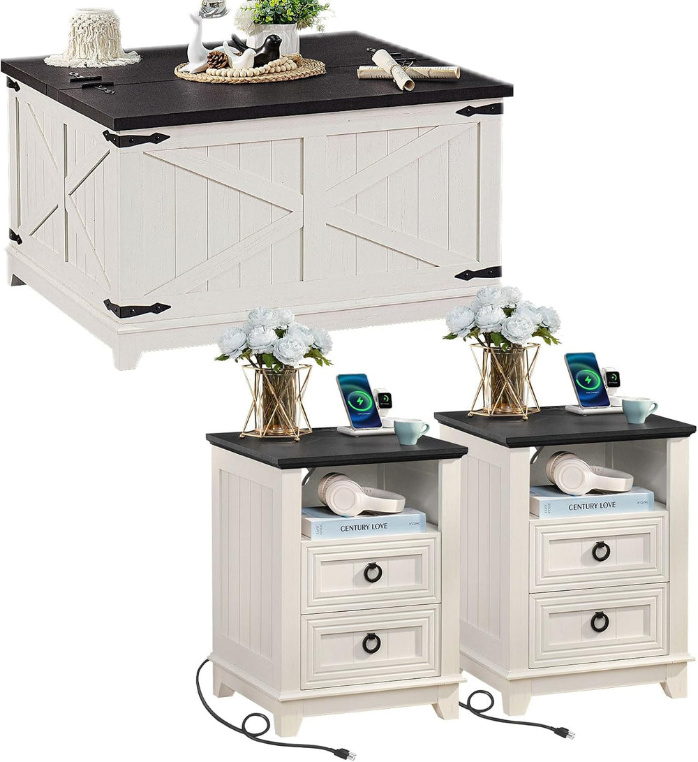 Joaxswe Farmhouse Coffee Table Set of 3, Charging Station Sets