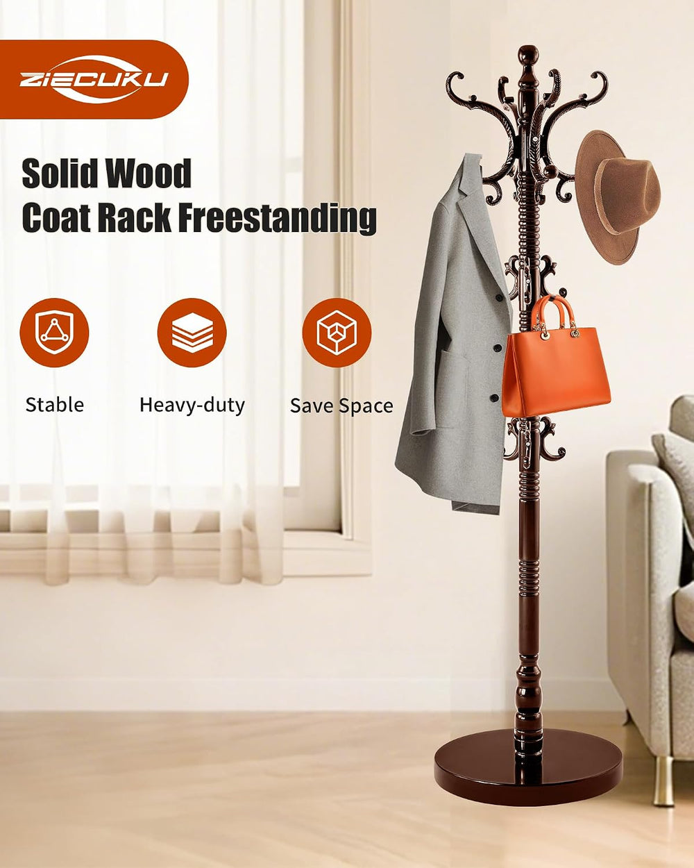 Coat Rack Freestanding,Solid Wood Vintage Hall Tree with 14 Hooks