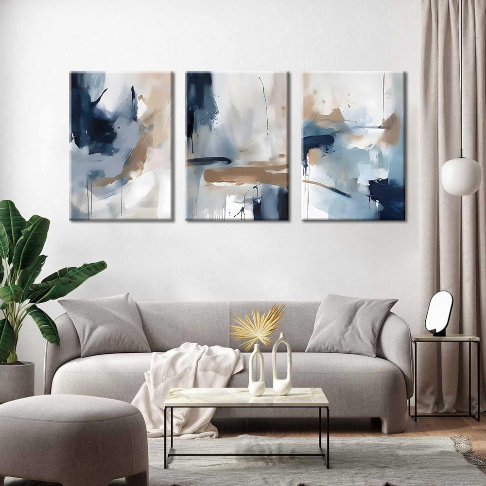 3Pcs Framed Navy Blue Wall Art Abstract Modern Brown Watercolor Canvas Poster...