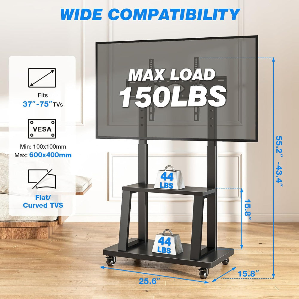 Rfiver Mobile TV Cart Rolling TV Stand for 37-75 inch TVs Up to 150lbs | Heav...