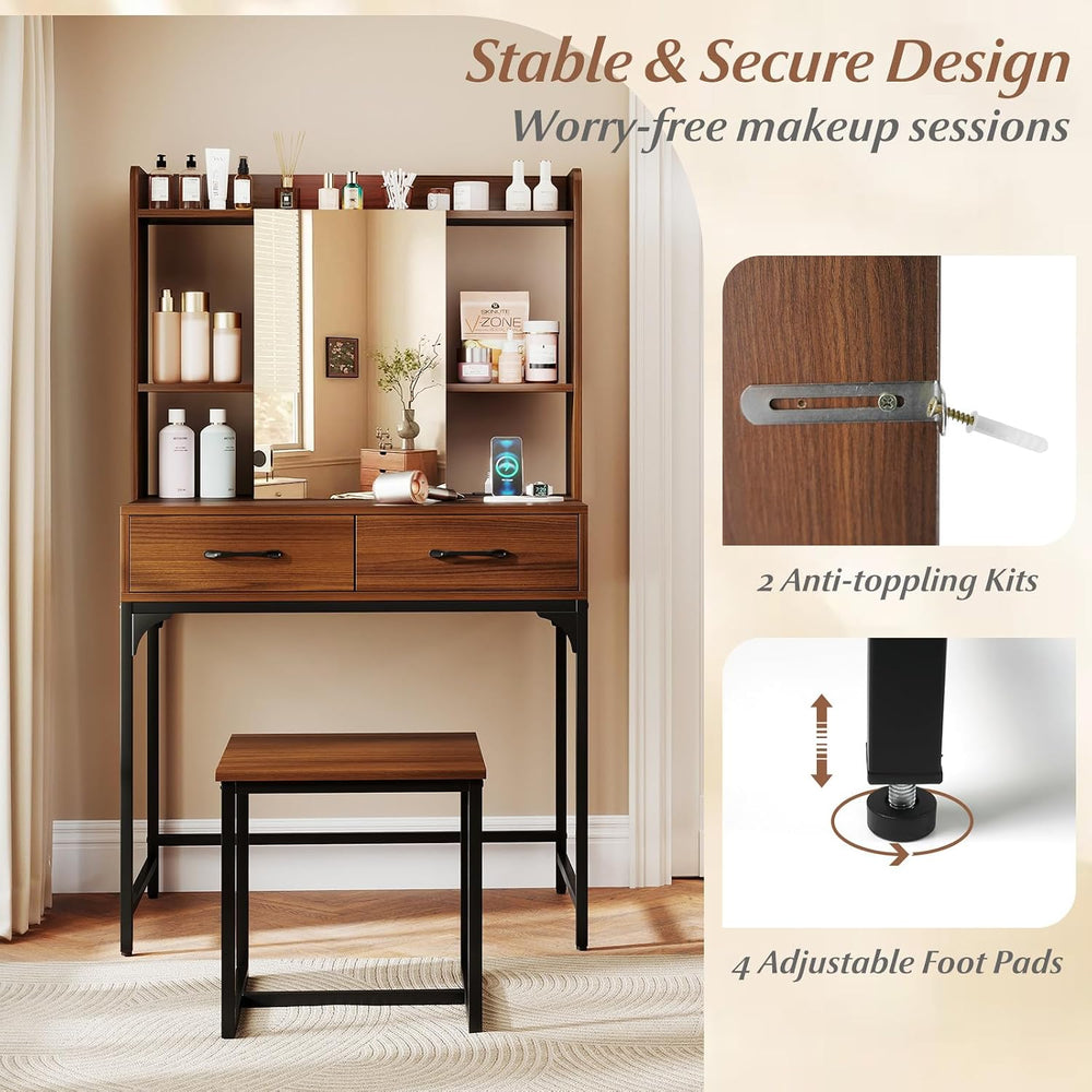 COSTWAY Vanity Desk with Mirror and Stool, Industrial Dressing Table with Pow...