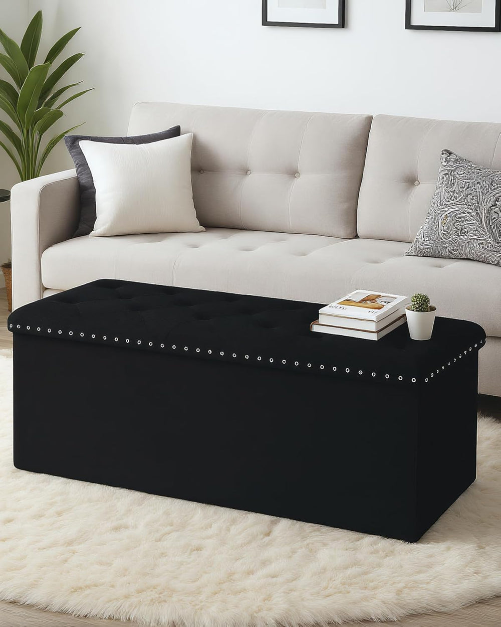 Velvet Storage Ottoman Bench, 43.3" Upholstered Tufted Ottoman with Stor...