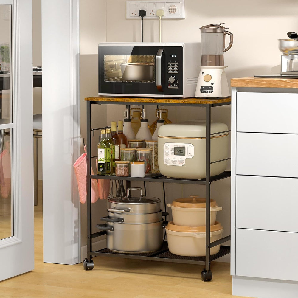 ThreeHio Rolling Kitchen Microwave Cart, 3 Tier Microwave Table Stand with St...