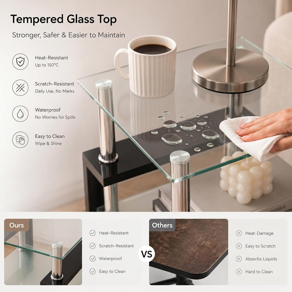 Meihua Glass End Table, Square Glass Side Table, 2-Tier Modern Nightstand wit...