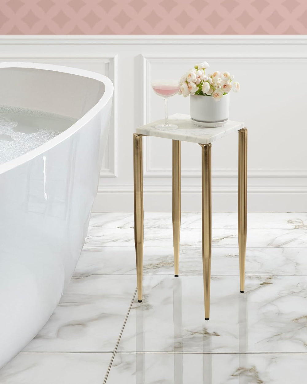 Kate and Laurel Lemaire Modern Square Marble Drink Table, 12 x 12 x 24, White...