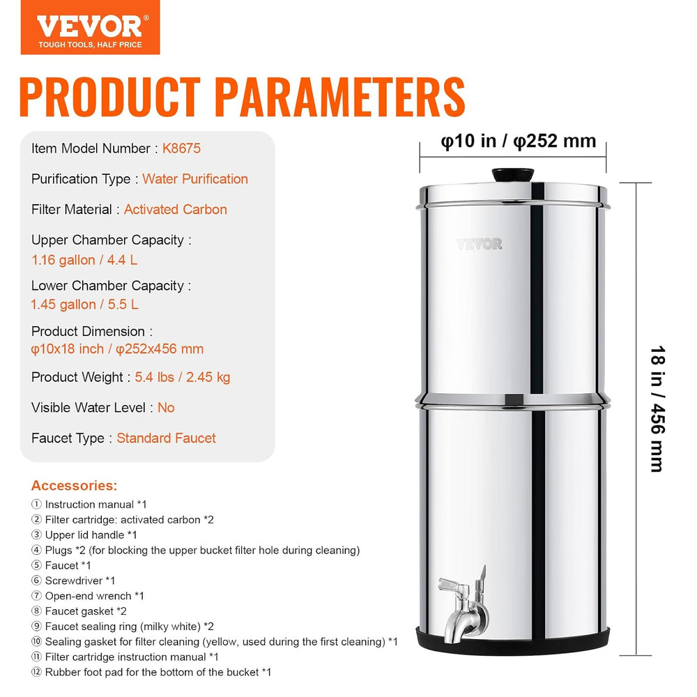 VEVOR Gravity-fed Water Filter System, 1.5G 304 Stainless-Steel Countertop Sy...