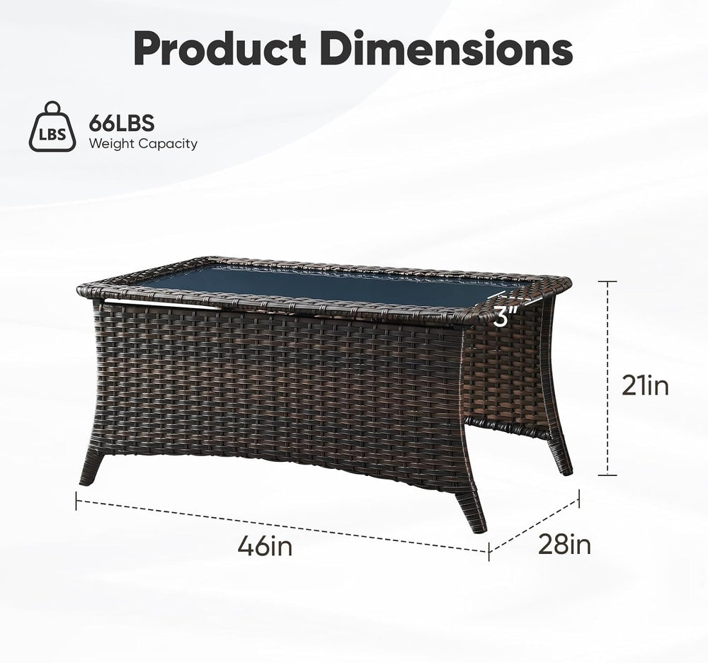 Belord Outdoor Coffee Table with Tempered Glass Top, Patio Rectangular Brown ...