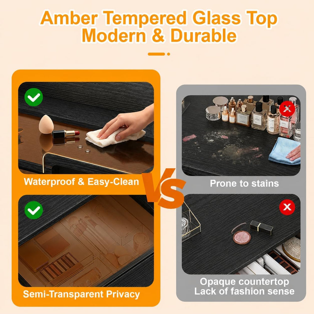 Makeup Vanity Desk with Smart LED Mirror & RGB Lights, Glass Top Peach Mo...