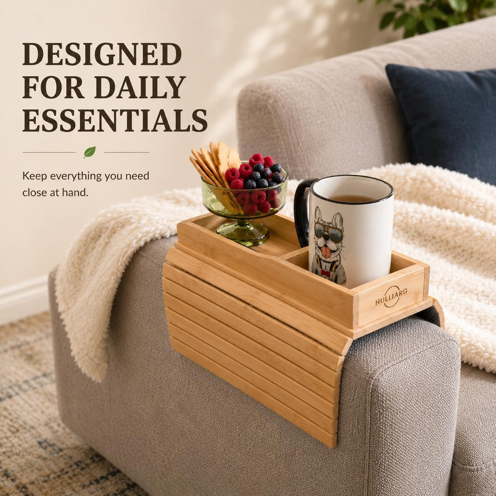Bamboo Sofa Armrest Tray - Foldable Couch Arm Tray with Cup Holder - 2 in 1 A...