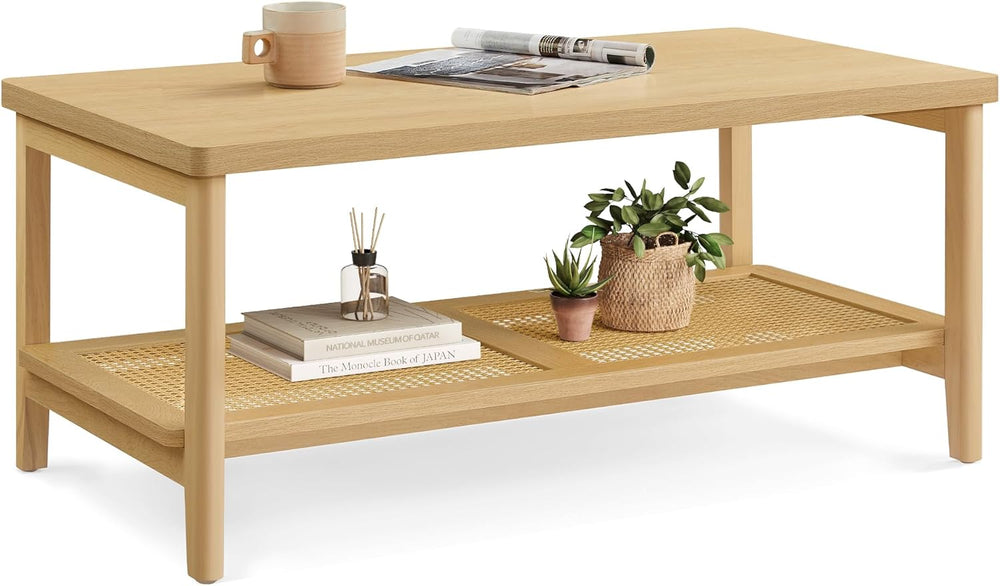 VASAGLE 2-Tier Coffee Table for Living Room, with PVC Rattan Storage Shelf