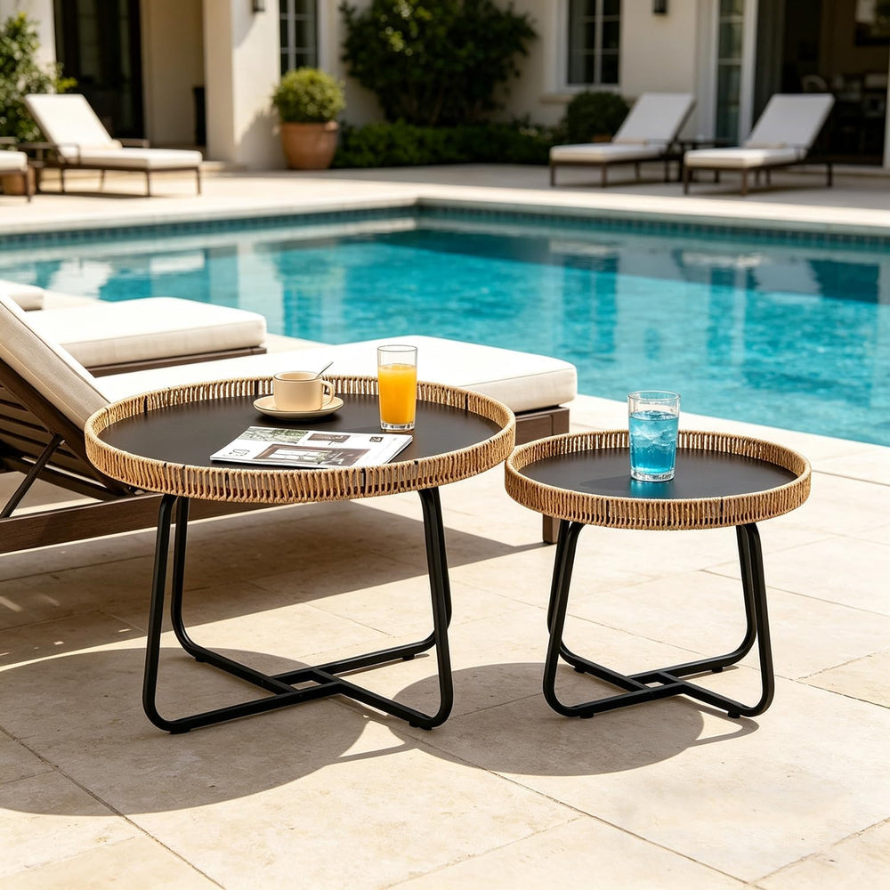 Round Woven Nesting Table, Wicker Coffee Table and Side Table Set of 2 | Meta...