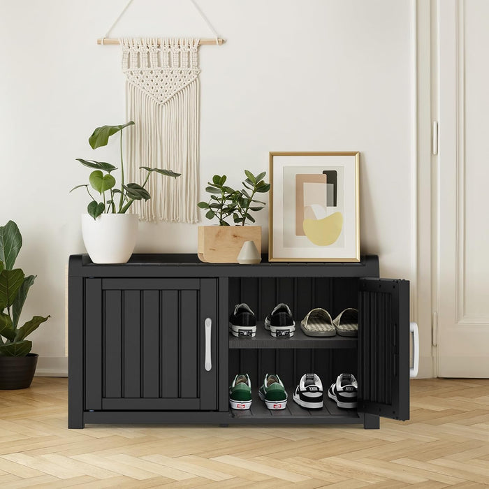 Waterproof UV-Resistant Outdoor Shoe Rack, 2-Tier Storage Cabinet Bench with 2 Doors & Adjustable Shelves, Indoor Outdoor Shoe Organizer for Entryway Hallway Living Room, Black