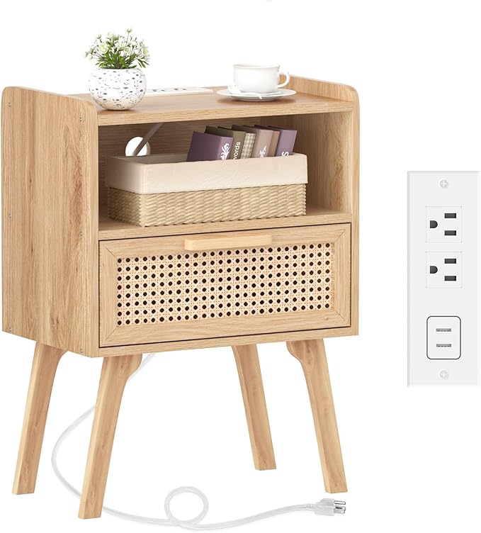 Lerliuo Rattan Nightstand with Charging Station, Boho Night Stand with Handma...