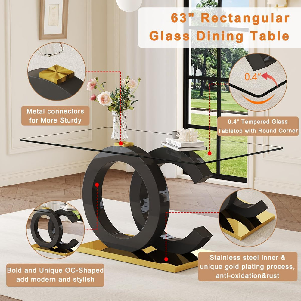 Ebullient 63" Glass Dining Table Set for 6 with Chairs, Black and Gold