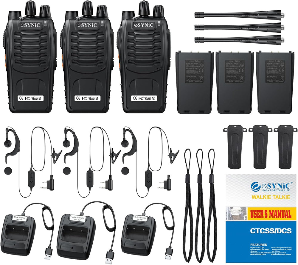 eSynic 3-Pack Rugged Walkie Talkies-Up to 3 Miles Long Range Talking