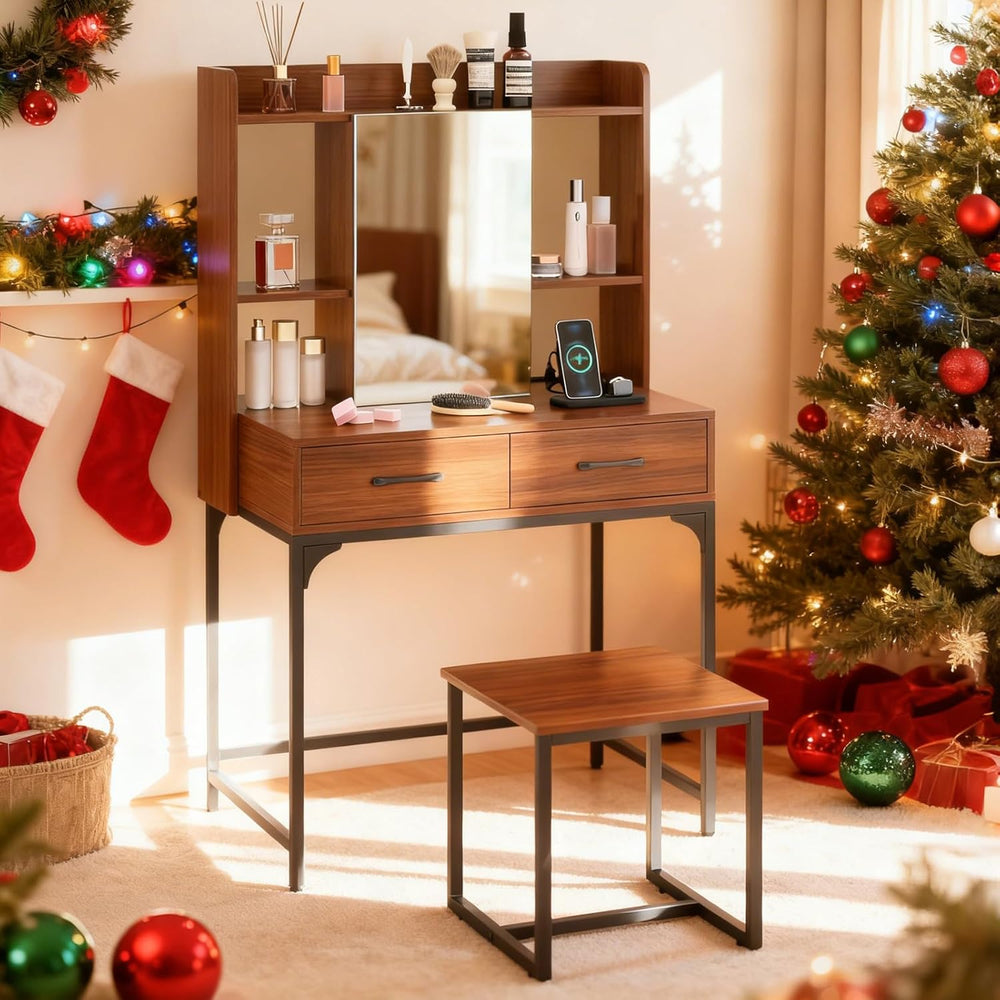 COSTWAY Vanity Desk with Mirror and Stool, Industrial Dressing Table with Pow...