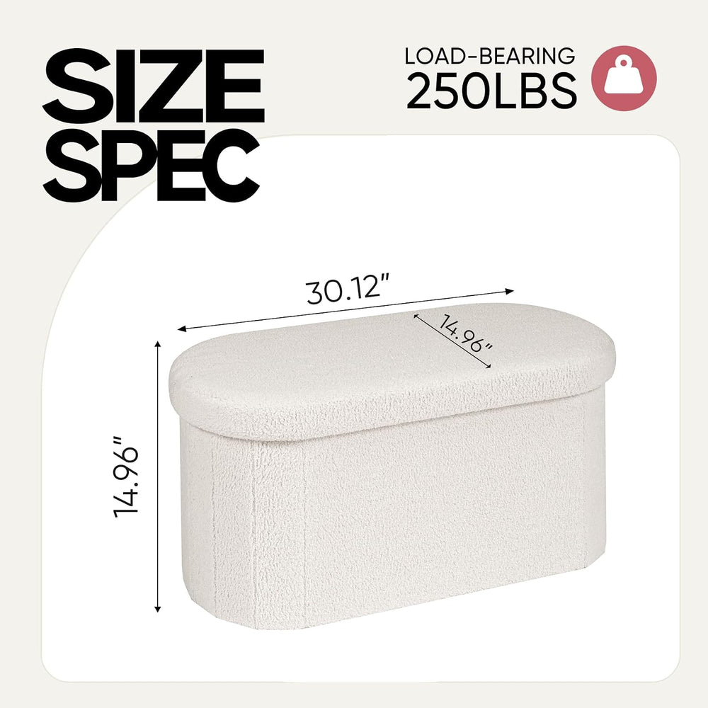 30 Inches Oval Ottoman with Storage, Boucle Sherpa Storage Ottoman Bench, Fol...